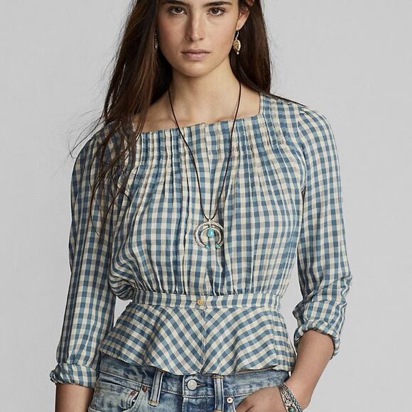 Double RL Ralph Lauren Gingham Voile Peplum Blouse Size 3/M - Picture 1 of 15
